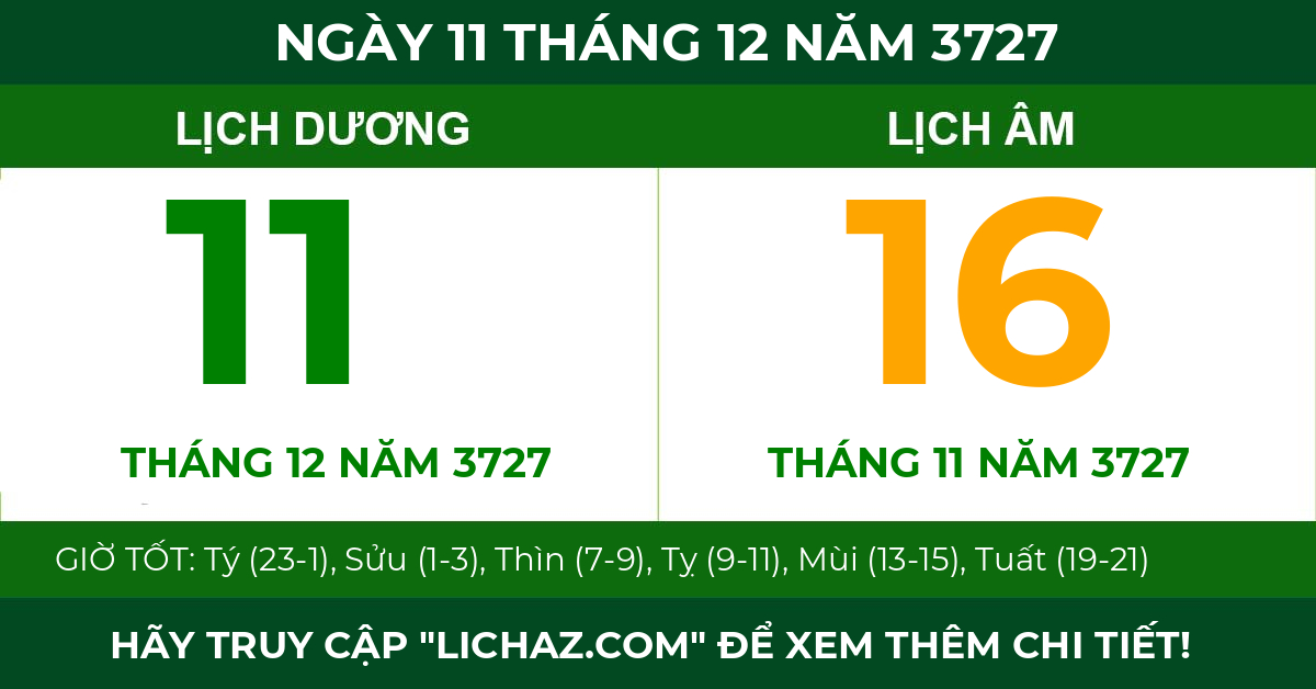 lịch âm ngày 11 tháng 12 năm 3727
