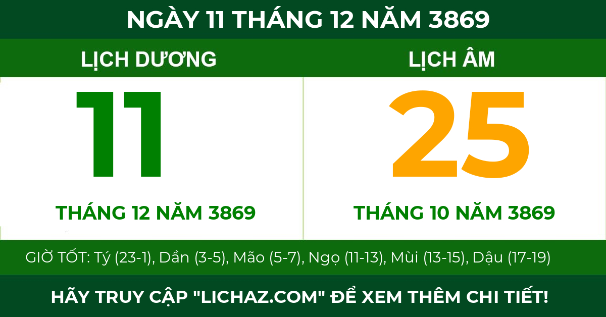 lịch âm ngày 11 tháng 12 năm 3869