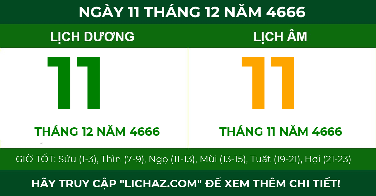 lịch âm ngày 11 tháng 12 năm 4666
