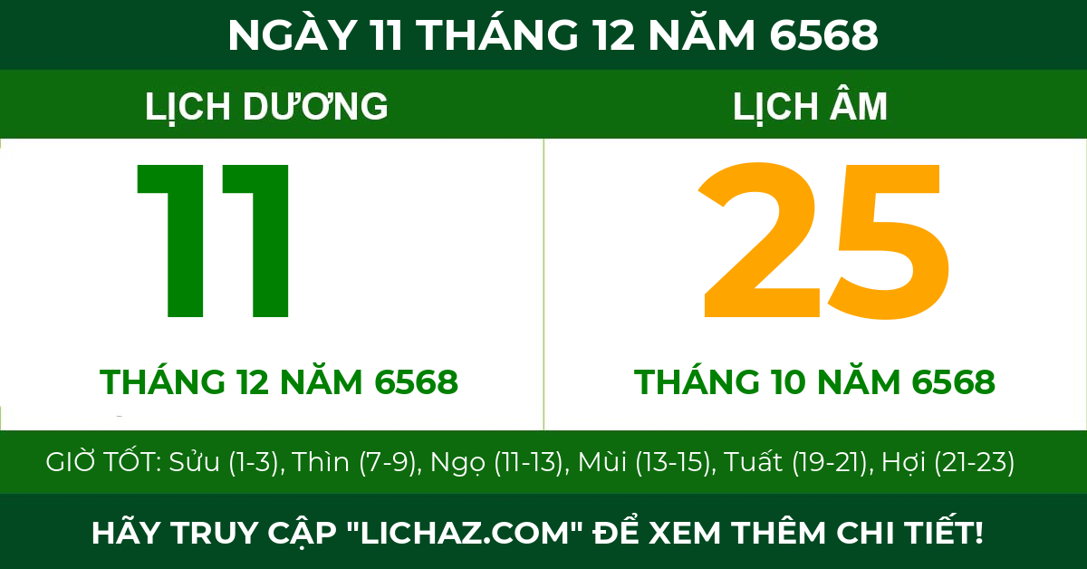 lịch âm ngày 11 tháng 12 năm 6568