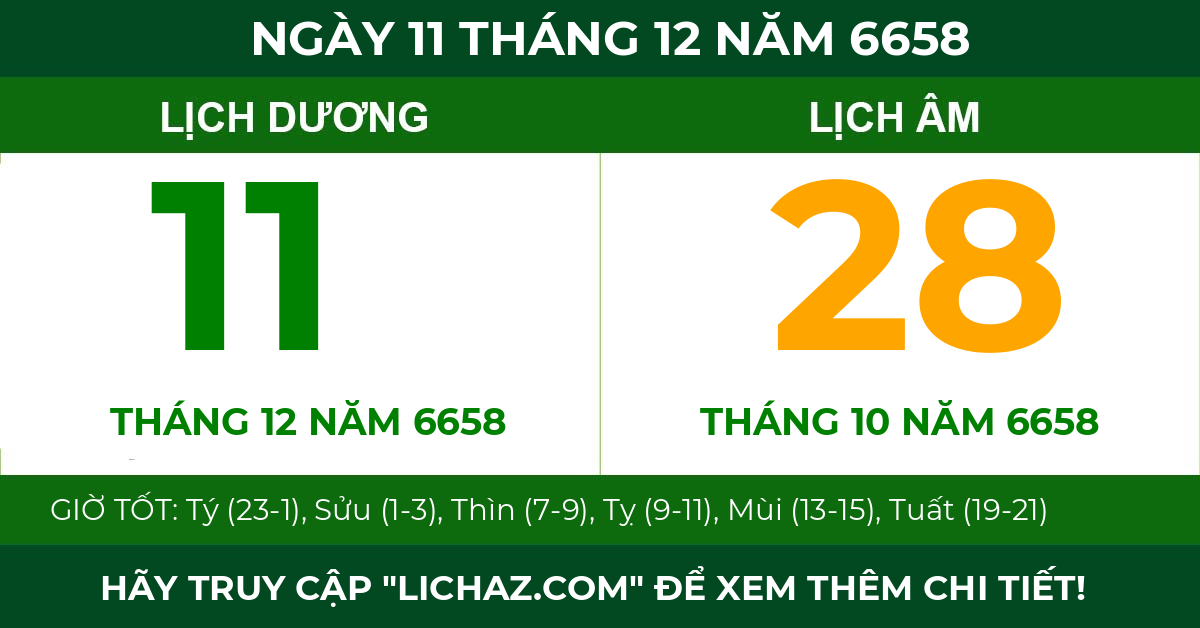 lịch âm ngày 11 tháng 12 năm 6658