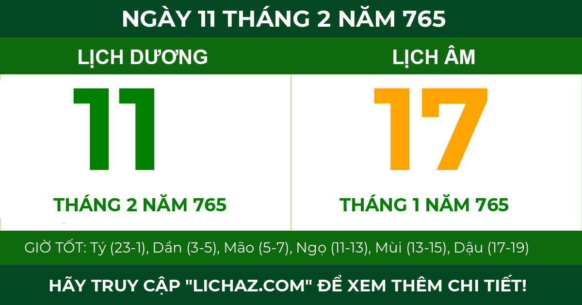 lịch âm ngày 11 tháng 2 năm 765