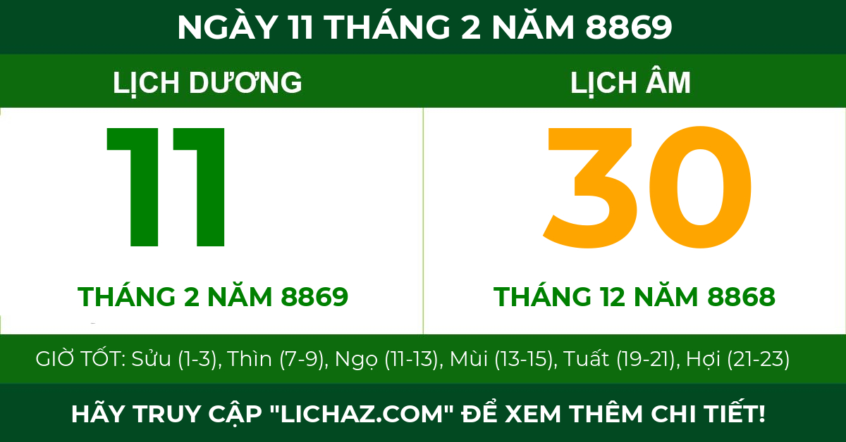 lịch âm ngày 11 tháng 2 năm 8869