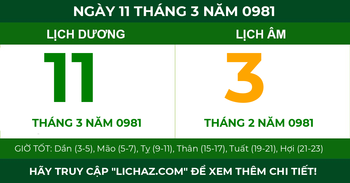 lịch âm ngày 11 tháng 3 năm 0981