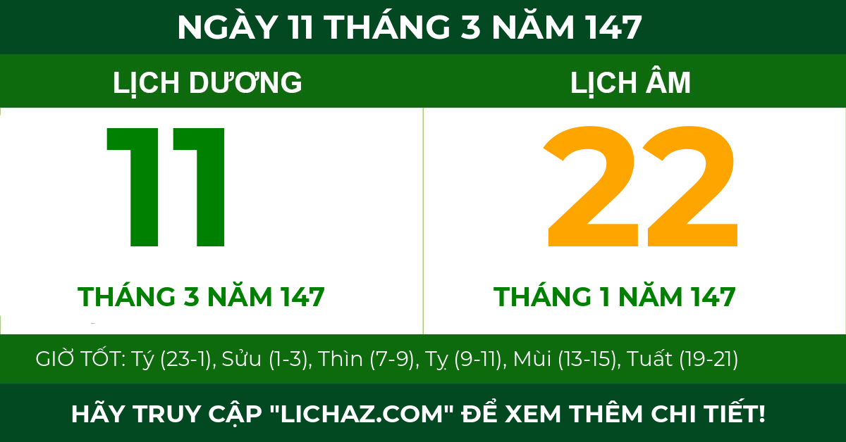 lịch âm ngày 11 tháng 3 năm 147