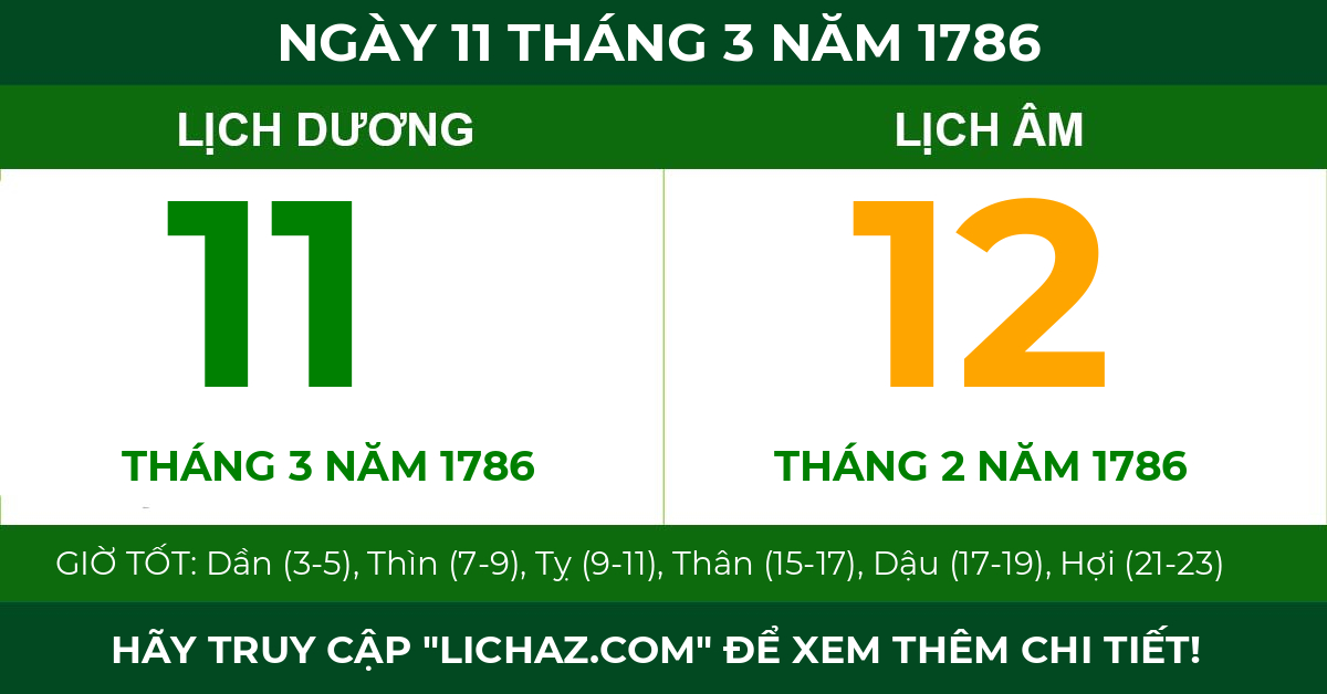 lịch âm ngày 11 tháng 3 năm 1786