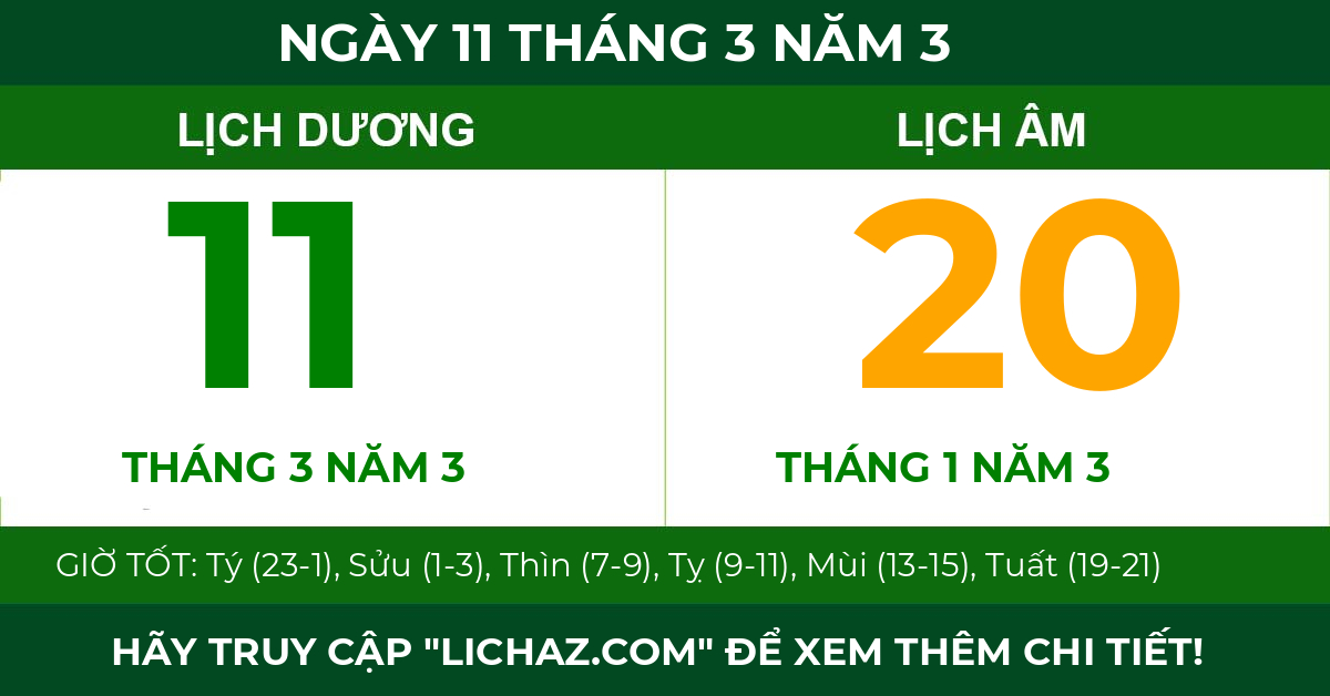 lịch âm ngày 11 tháng 3 năm 3