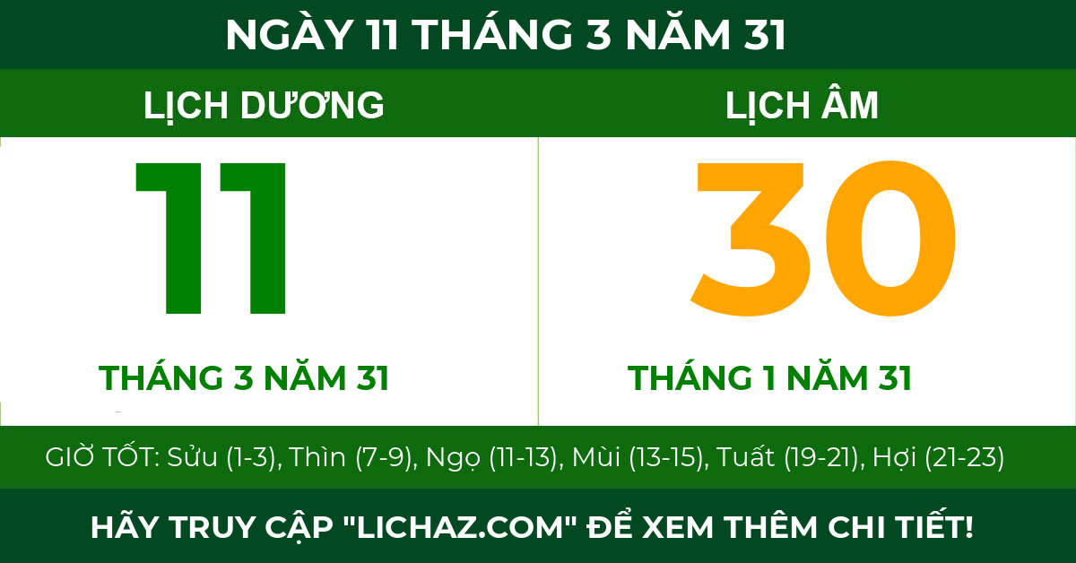 lịch âm ngày 11 tháng 3 năm 31