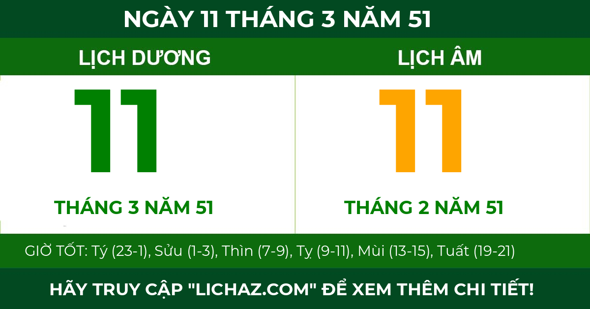 lịch âm ngày 11 tháng 3 năm 51