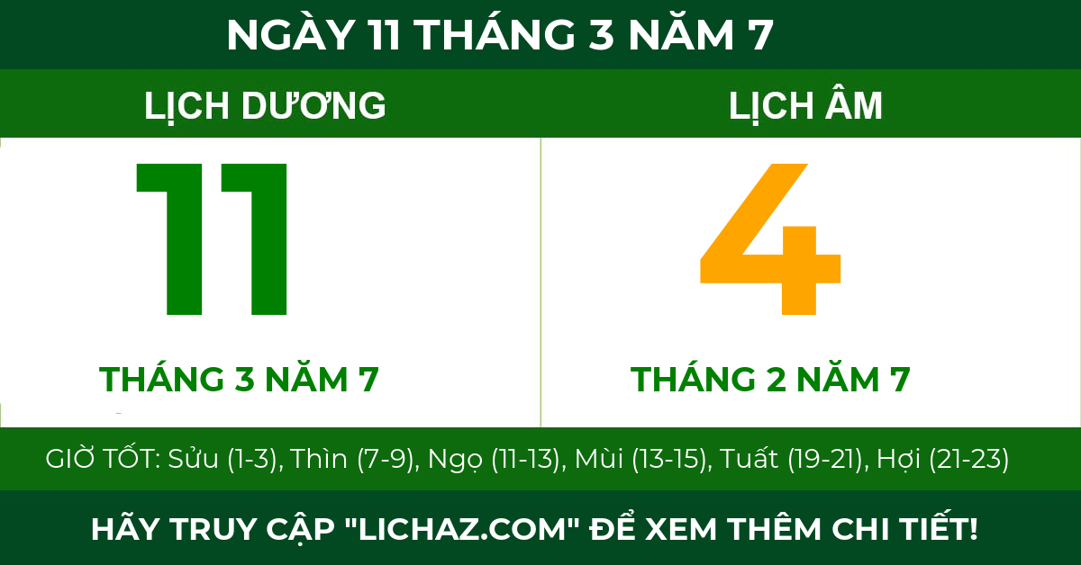 lịch âm ngày 11 tháng 3 năm 7
