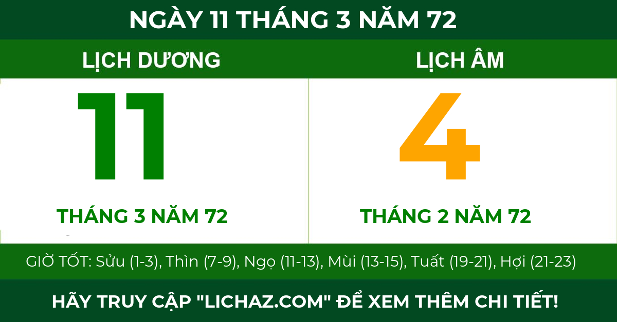 lịch âm ngày 11 tháng 3 năm 72