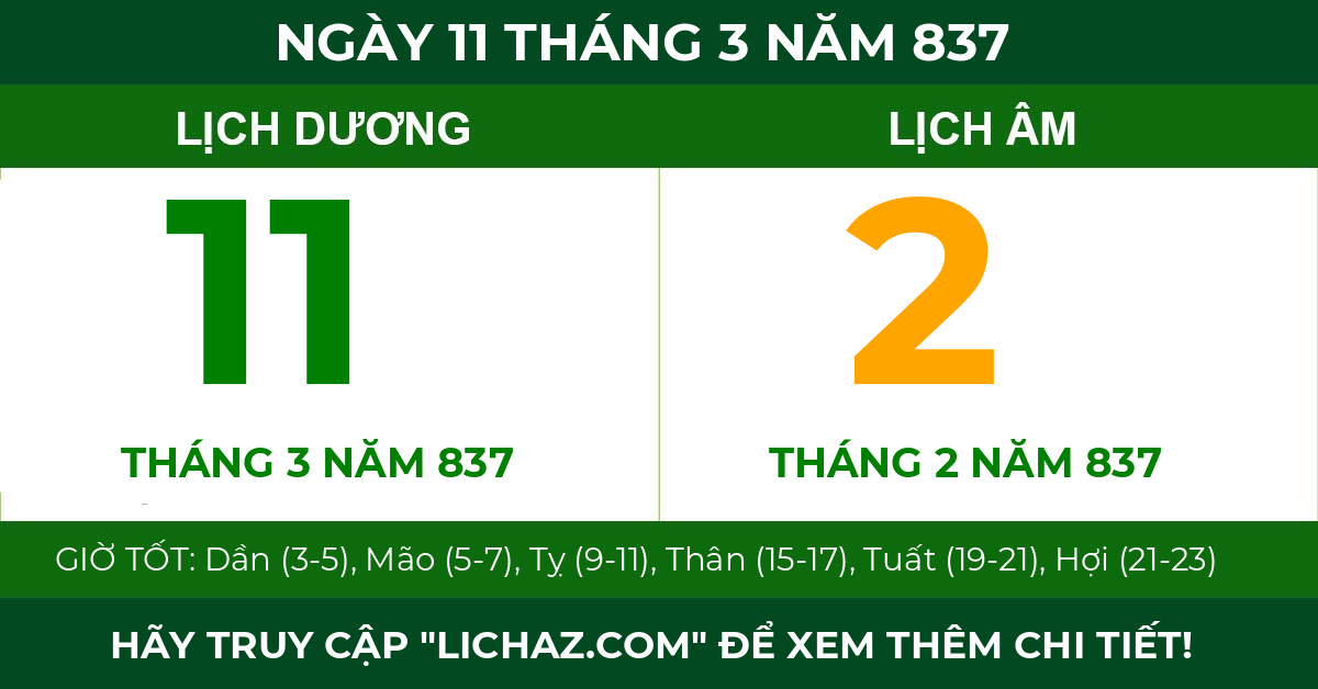 lịch âm ngày 11 tháng 3 năm 837