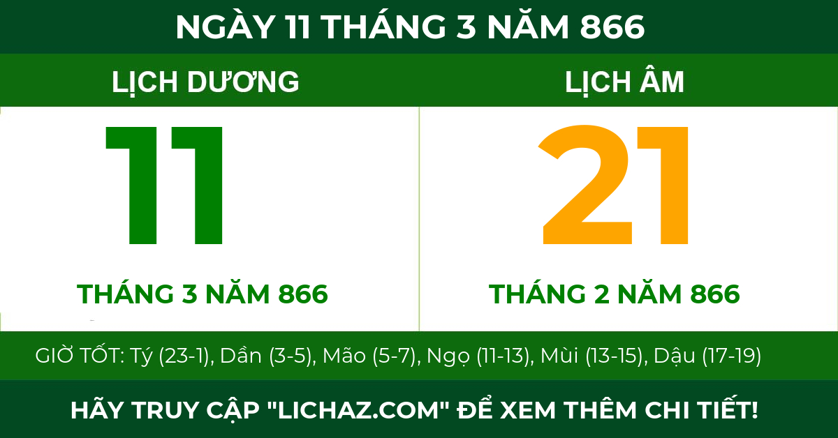 lịch âm ngày 11 tháng 3 năm 866