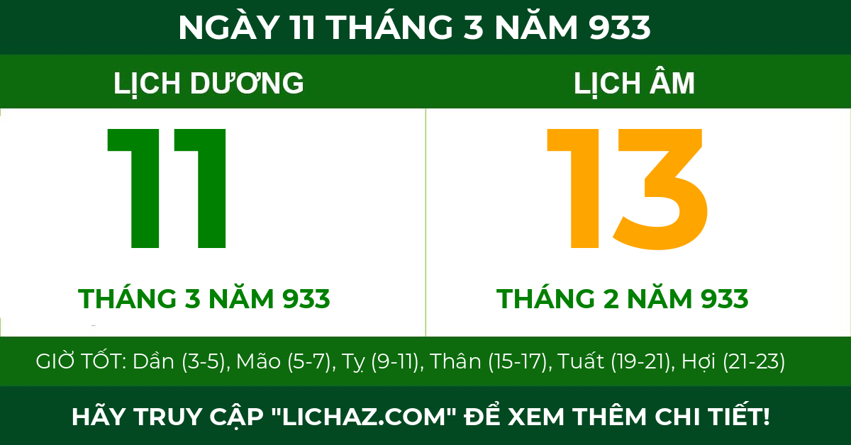 lịch âm ngày 11 tháng 3 năm 933