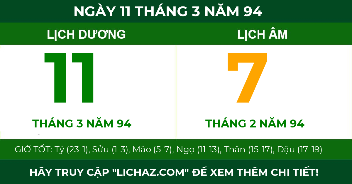 lịch âm ngày 11 tháng 3 năm 94
