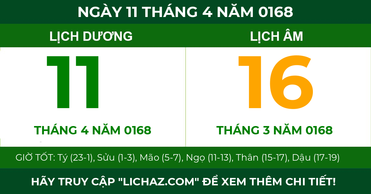lịch âm ngày 11 tháng 4 năm 0168