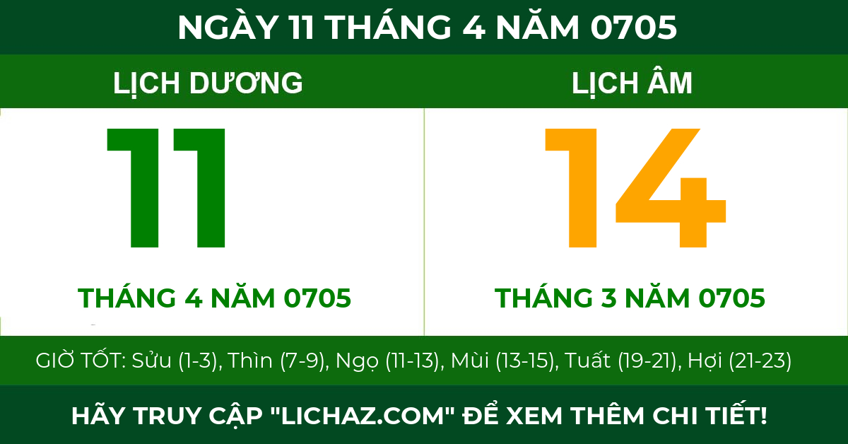 lịch âm ngày 11 tháng 4 năm 0705