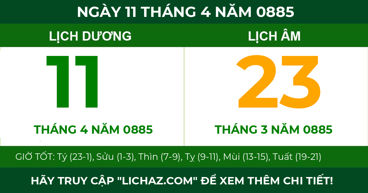 lịch âm ngày 11 tháng 4 năm 0885