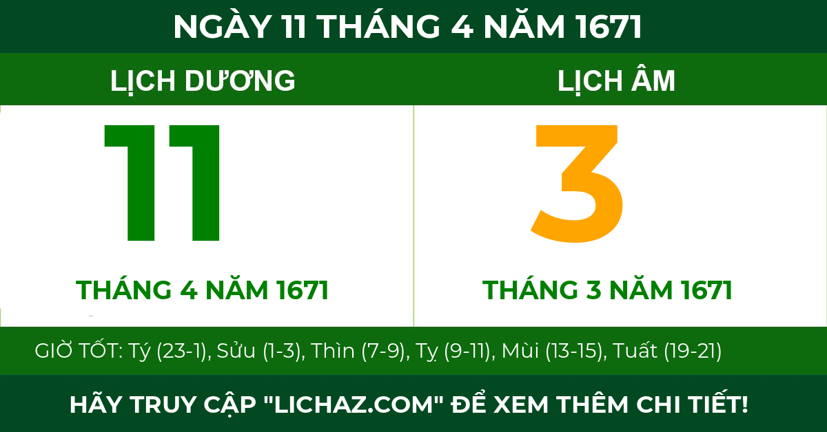 lịch âm ngày 11 tháng 4 năm 1671