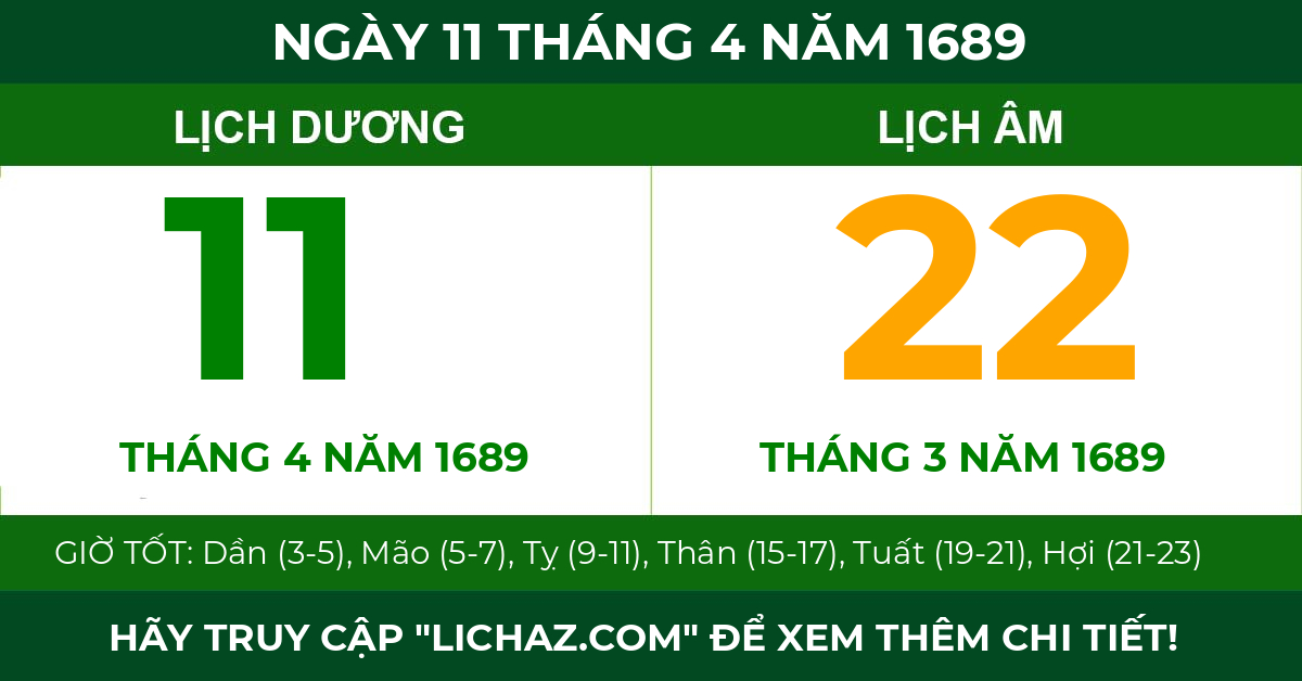 lịch âm ngày 11 tháng 4 năm 1689