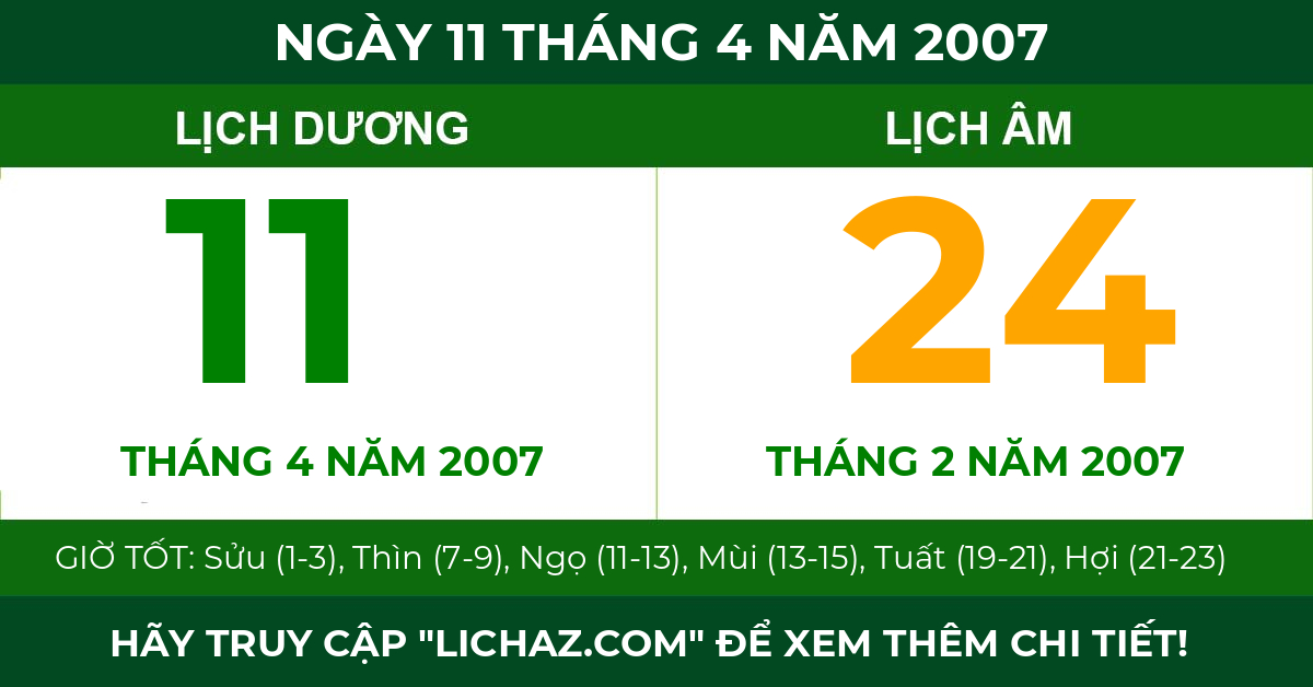 lịch âm ngày 11 tháng 4 năm 2007