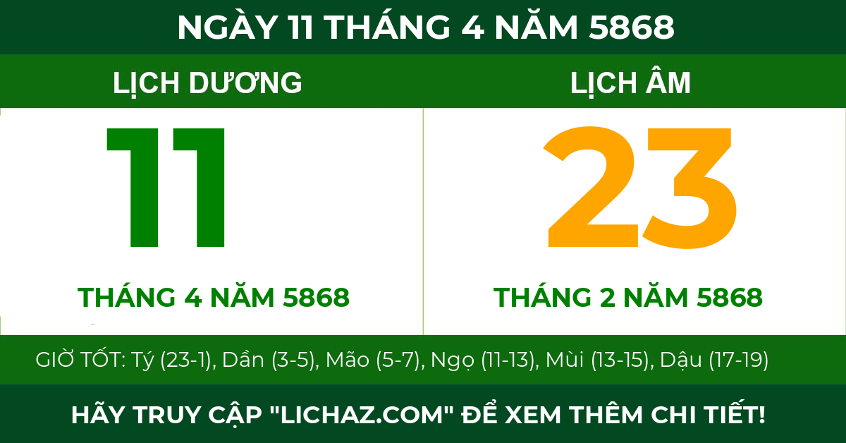 lịch âm ngày 11 tháng 4 năm 5868