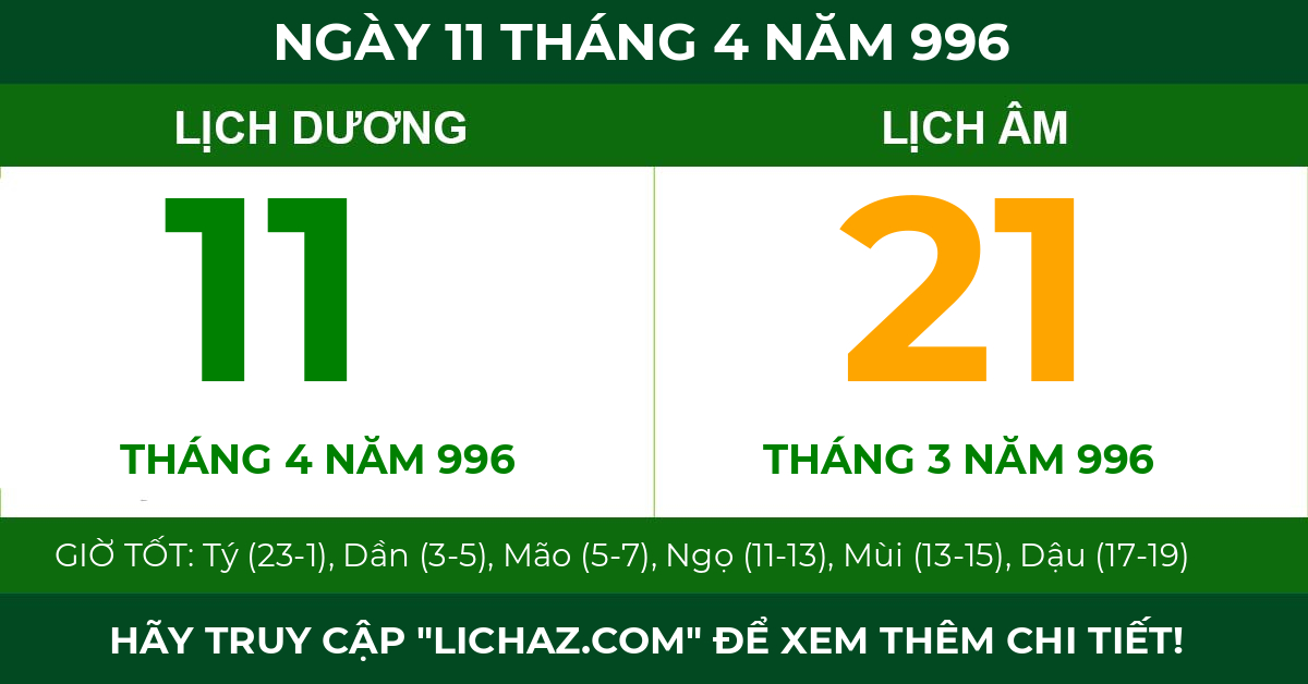 lịch âm ngày 11 tháng 4 năm 996