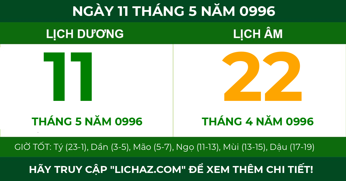 lịch âm ngày 11 tháng 5 năm 0996
