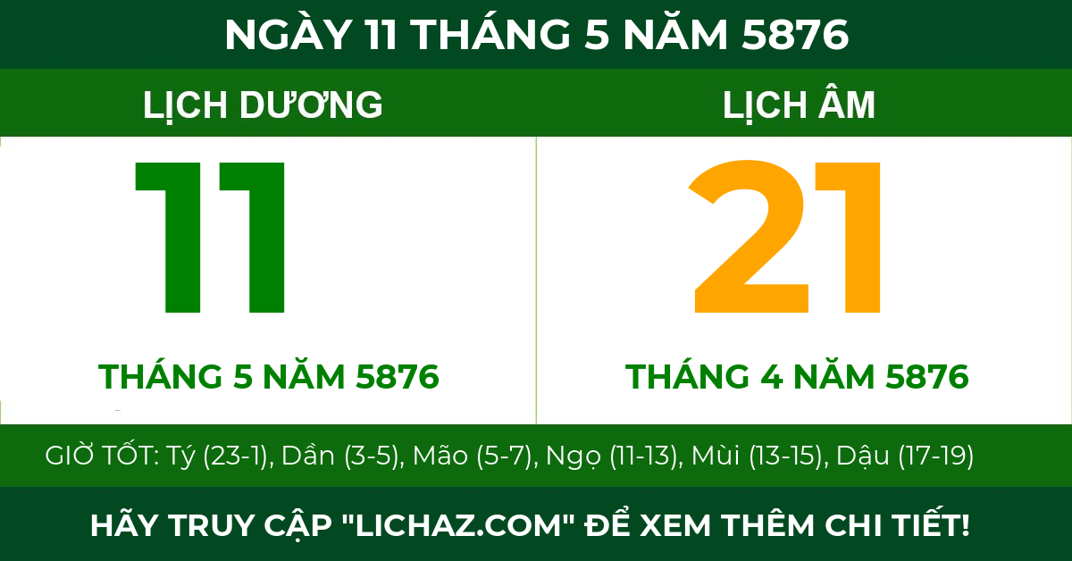 lịch âm ngày 11 tháng 5 năm 5876
