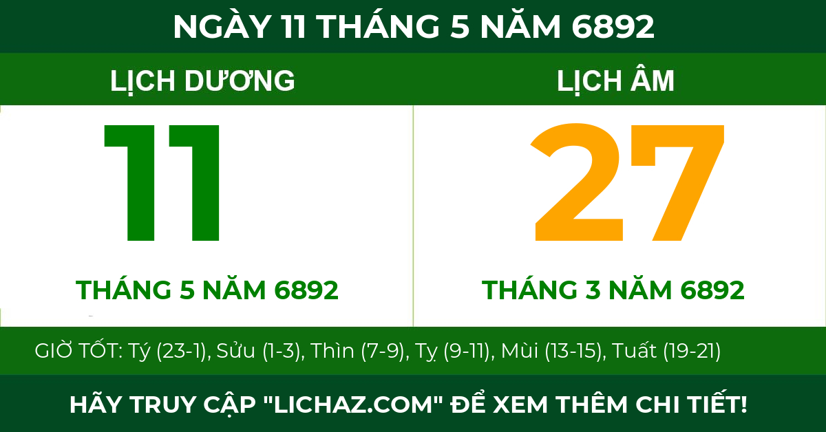 lịch âm ngày 11 tháng 5 năm 6892