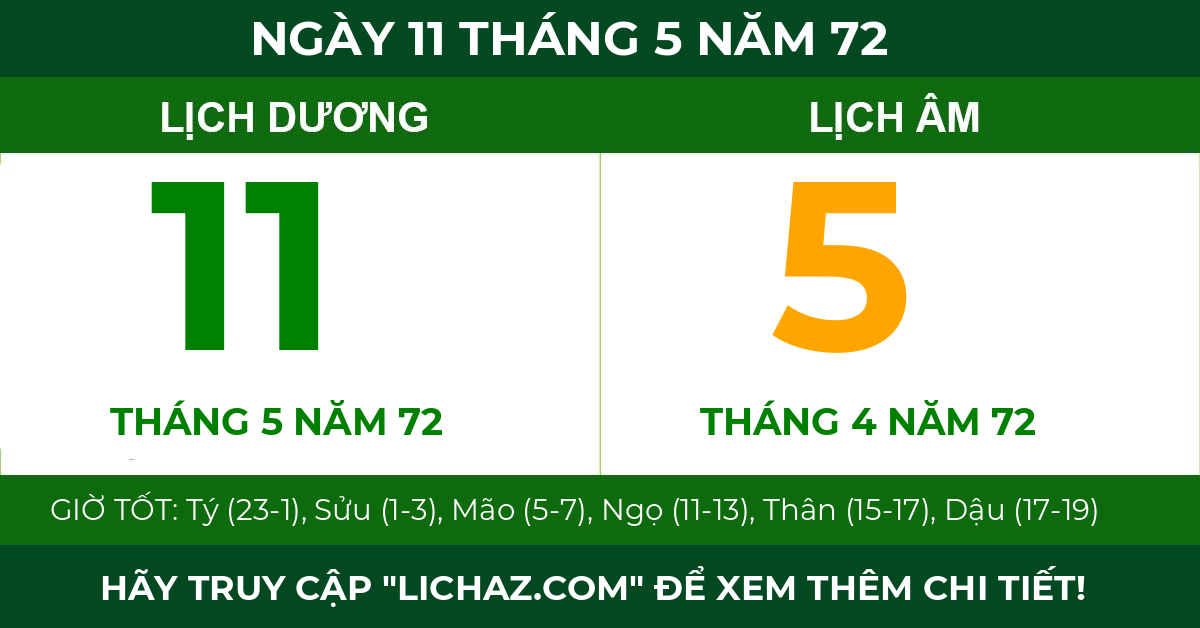 lịch âm ngày 11 tháng 5 năm 72