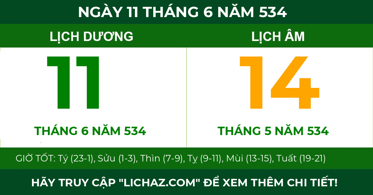 lịch âm ngày 11 tháng 6 năm 534