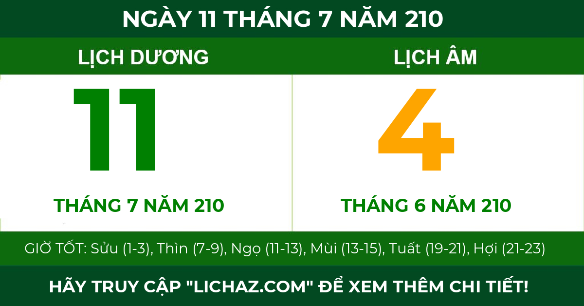 lịch âm ngày 11 tháng 7 năm 210