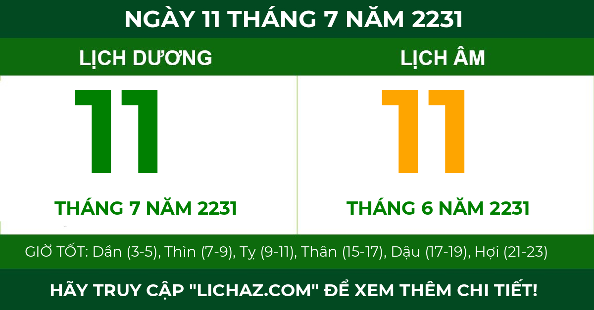 lịch âm ngày 11 tháng 7 năm 2231