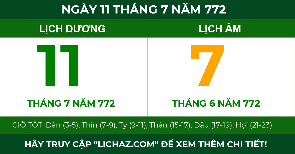 lịch âm ngày 11 tháng 7 năm 772