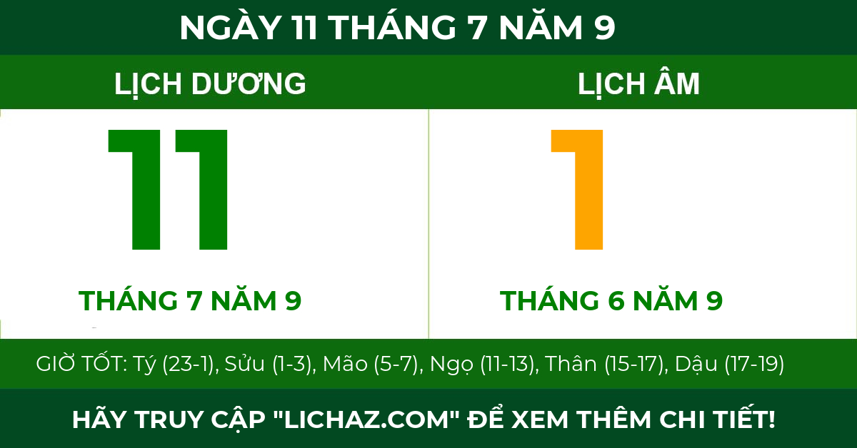 lịch âm ngày 11 tháng 7 năm 9