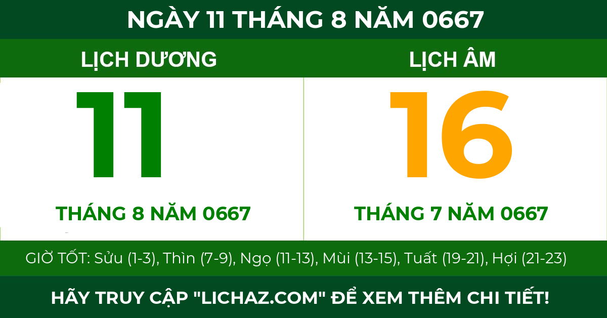 lịch âm ngày 11 tháng 8 năm 0667