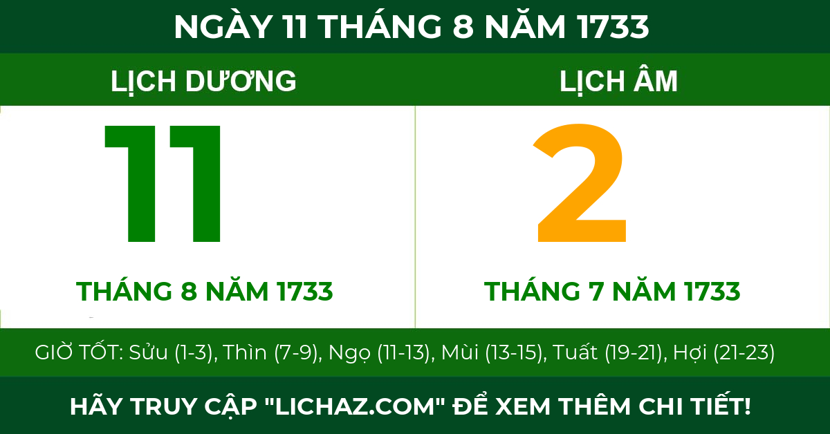 lịch âm ngày 11 tháng 8 năm 1733