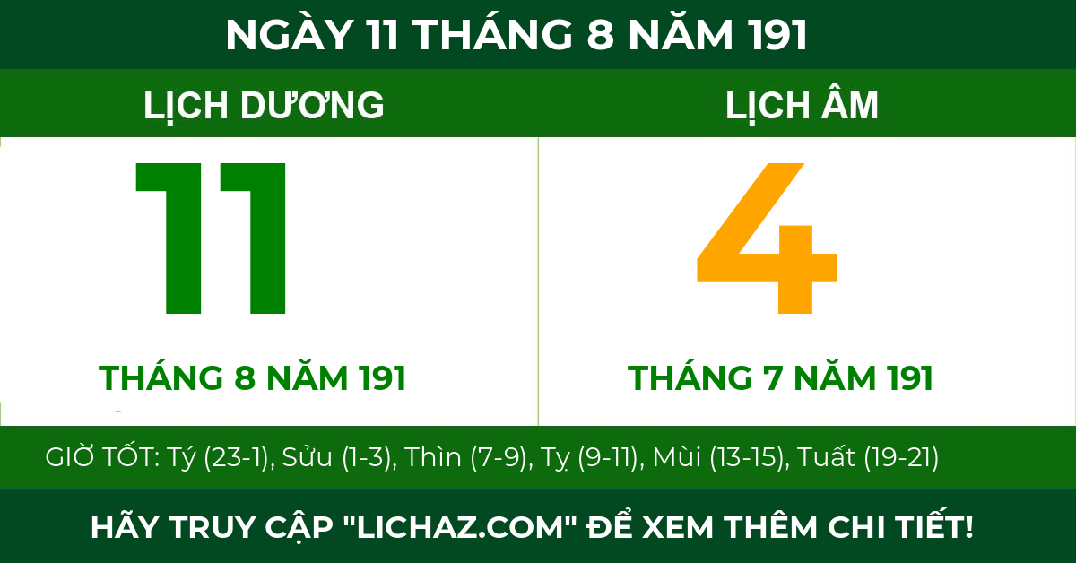lịch âm ngày 11 tháng 8 năm 191