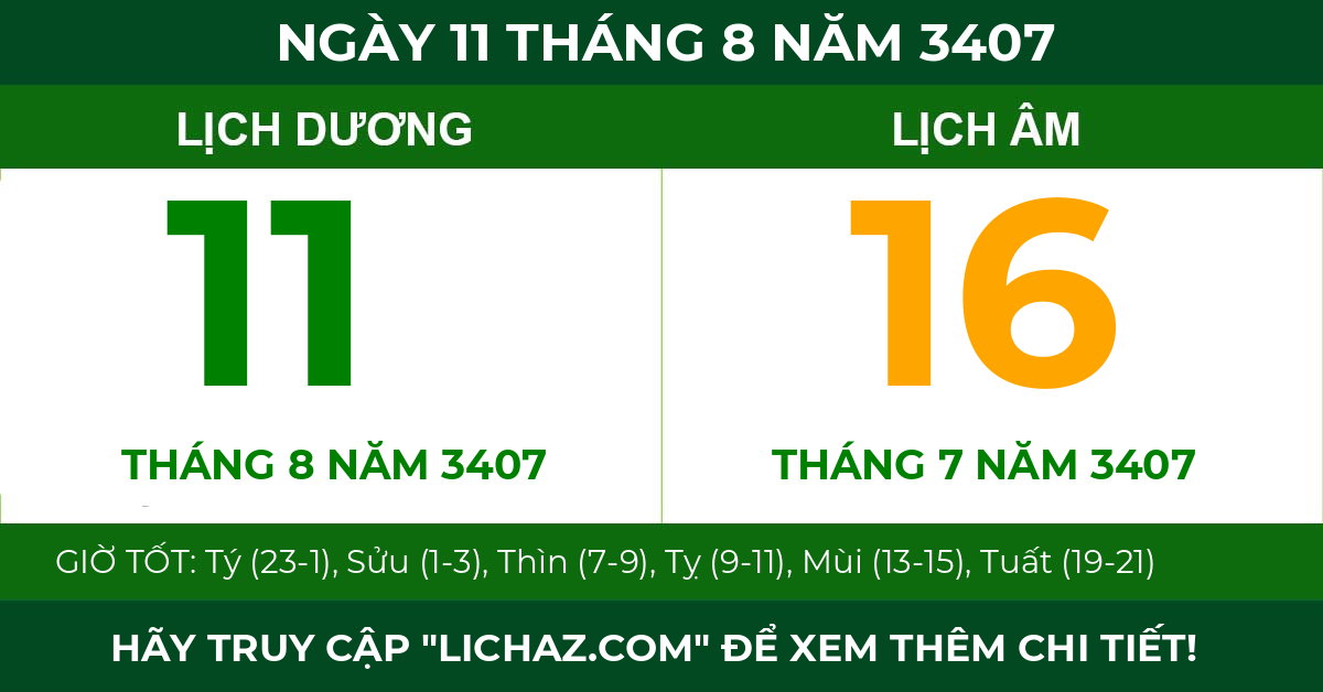 lịch âm ngày 11 tháng 8 năm 3407