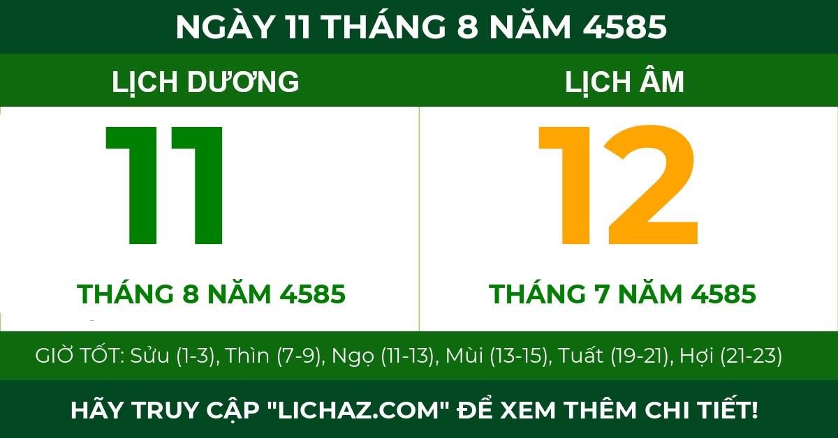 lịch âm ngày 11 tháng 8 năm 4585