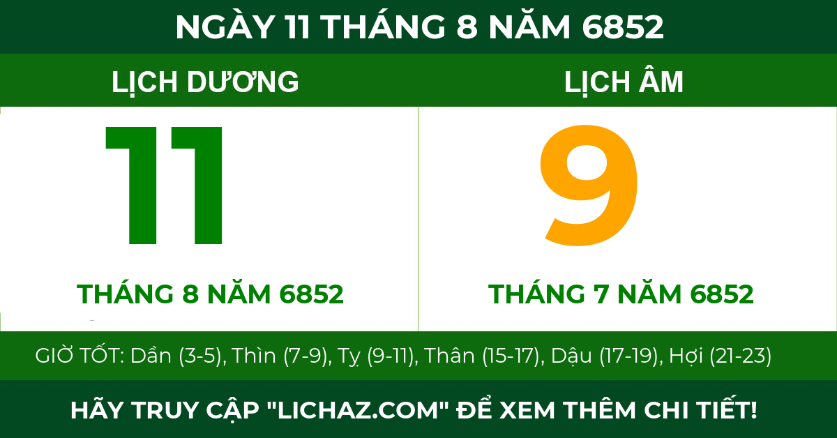 lịch âm ngày 11 tháng 8 năm 6852