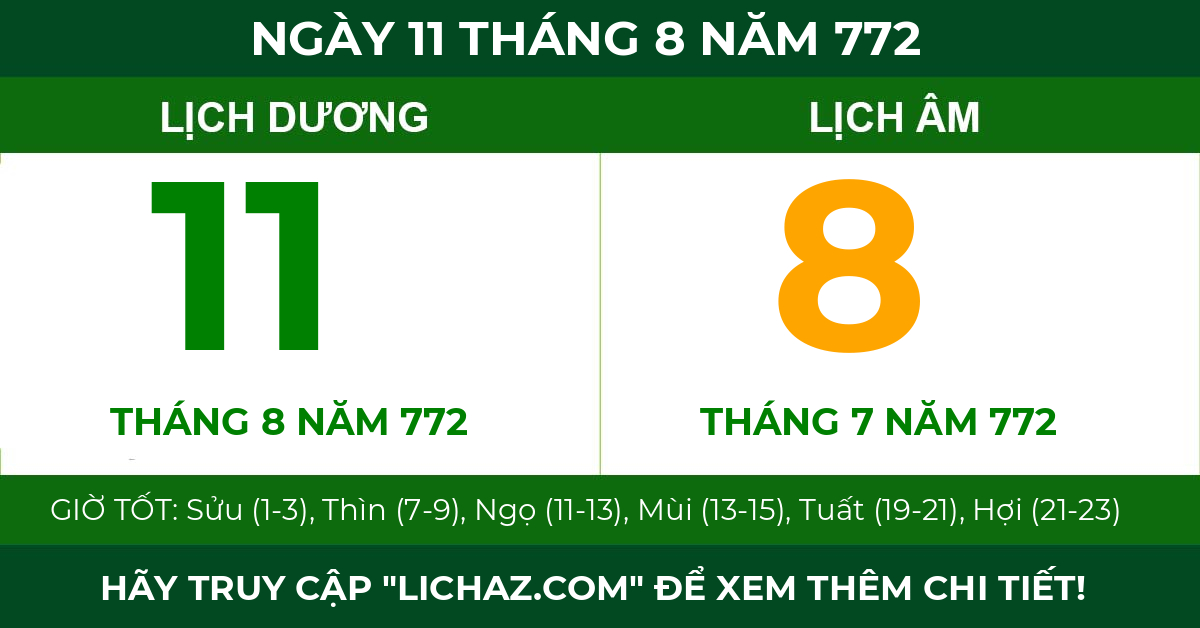 lịch âm ngày 11 tháng 8 năm 772