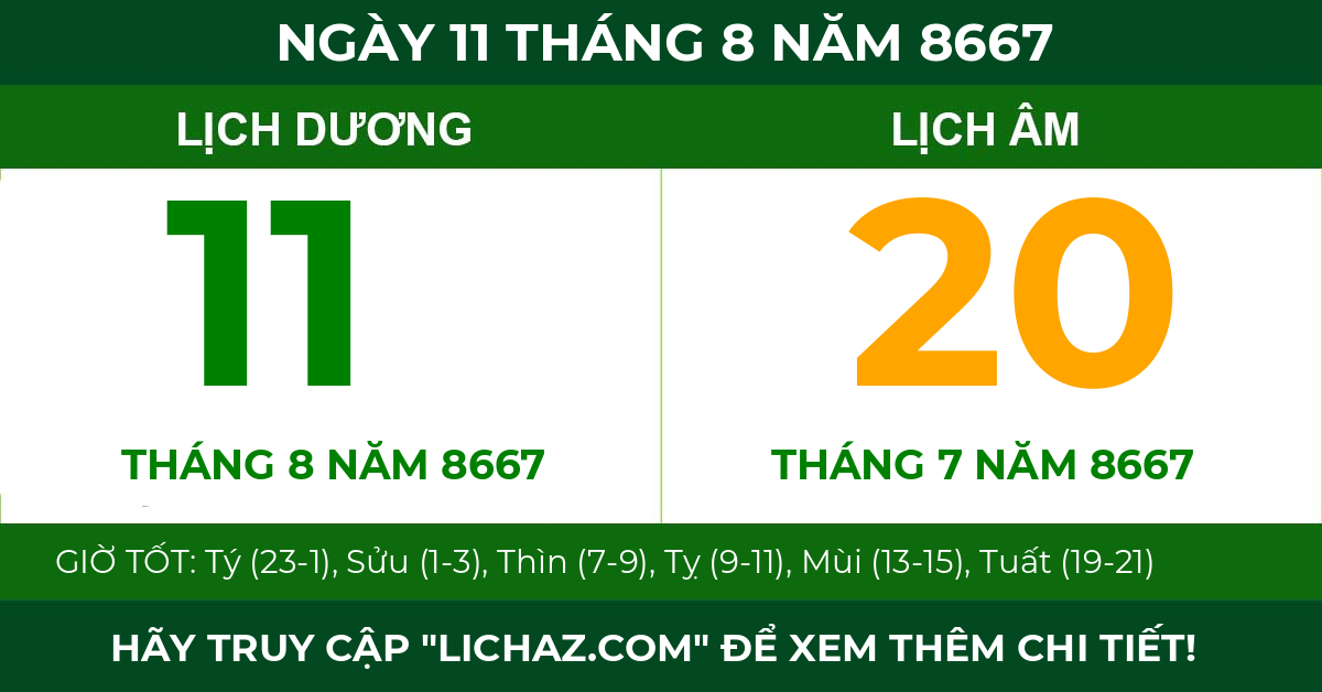 lịch âm ngày 11 tháng 8 năm 8667