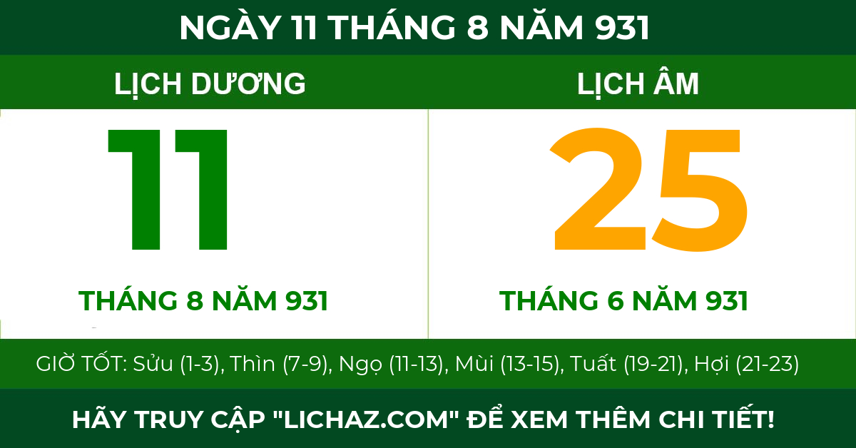 lịch âm ngày 11 tháng 8 năm 931
