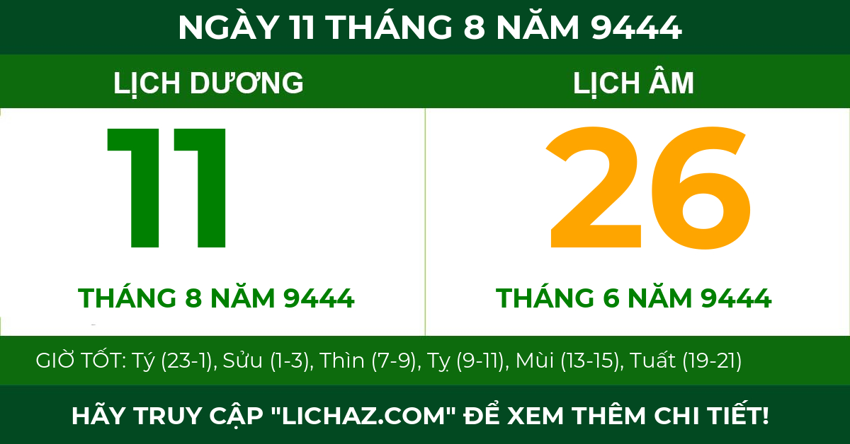 lịch âm ngày 11 tháng 8 năm 9444
