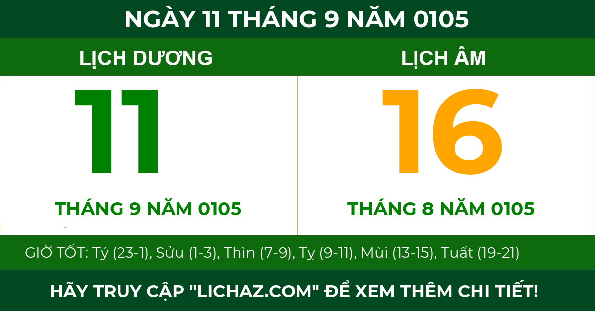 lịch âm ngày 11 tháng 9 năm 0105