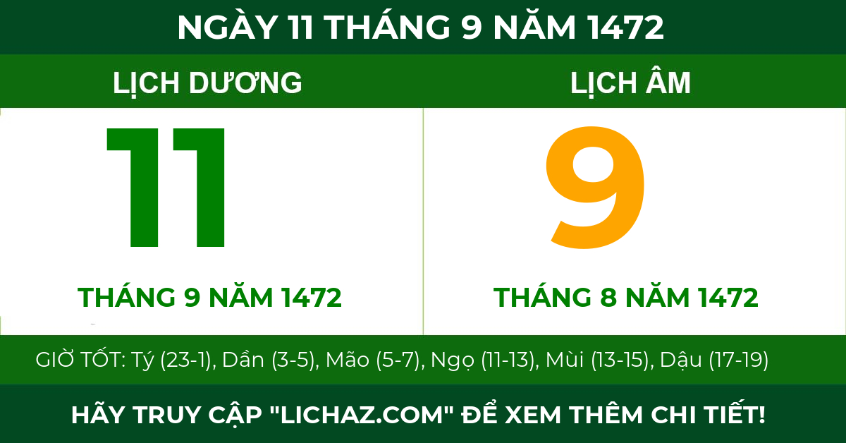 lịch âm ngày 11 tháng 9 năm 1472