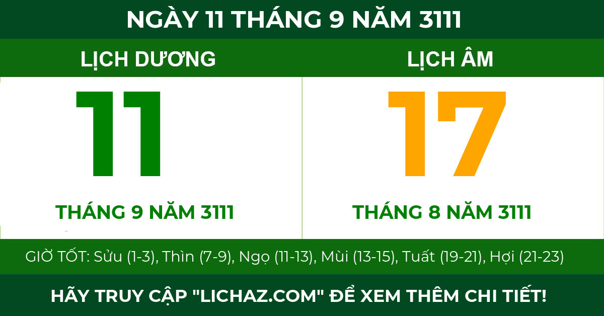 lịch âm ngày 11 tháng 9 năm 3111