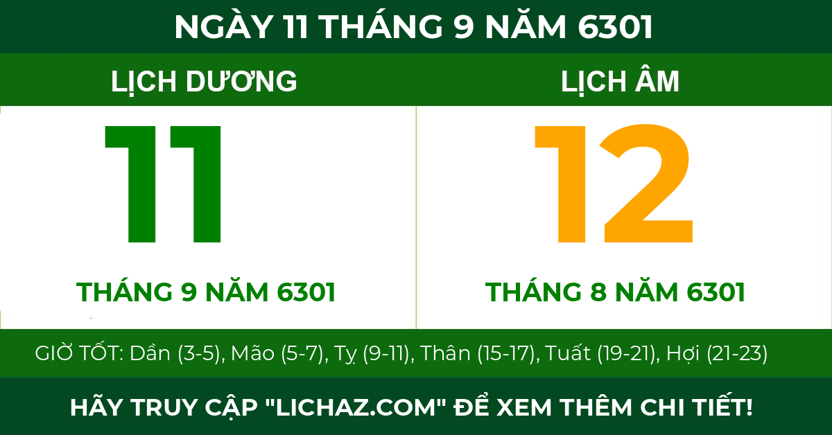 lịch âm ngày 11 tháng 9 năm 6301